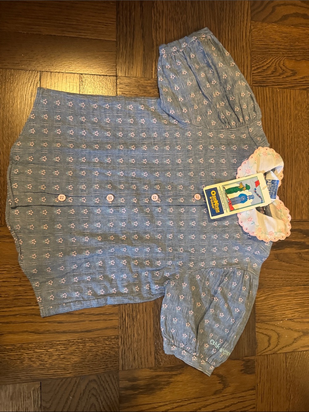 Vintage Osh kosh Girls Light Blue Puff Sleeve Top with Scalloped Collar 4T NWT